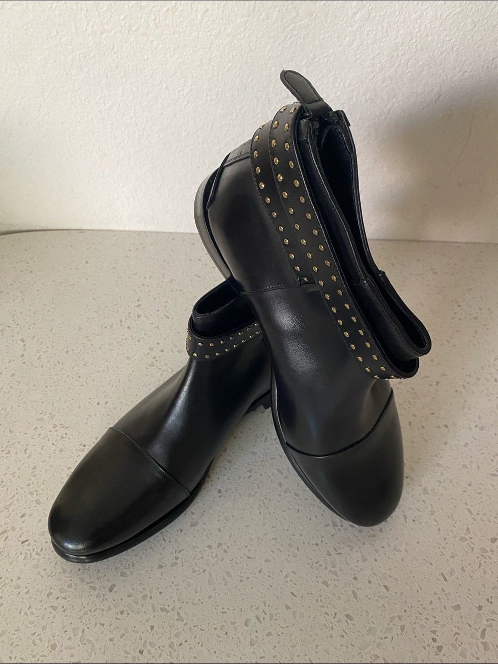 Balenciaga Woman Black Leather Ankle Boots with Studded Strap